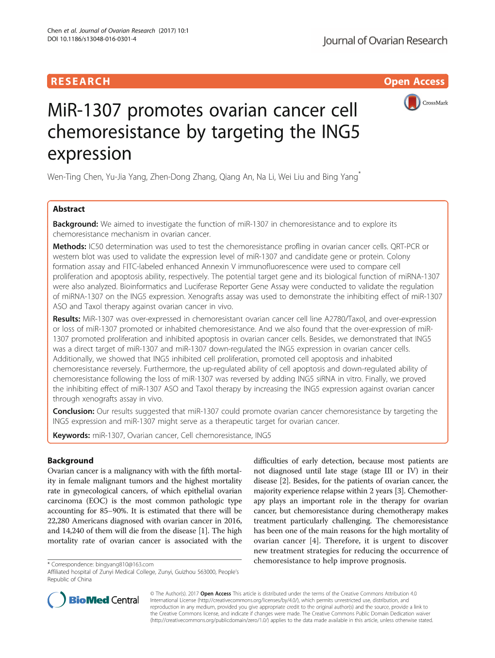 Mir-1307 Promotes Ovarian Cancer Cell Chemoresistance by Targeting