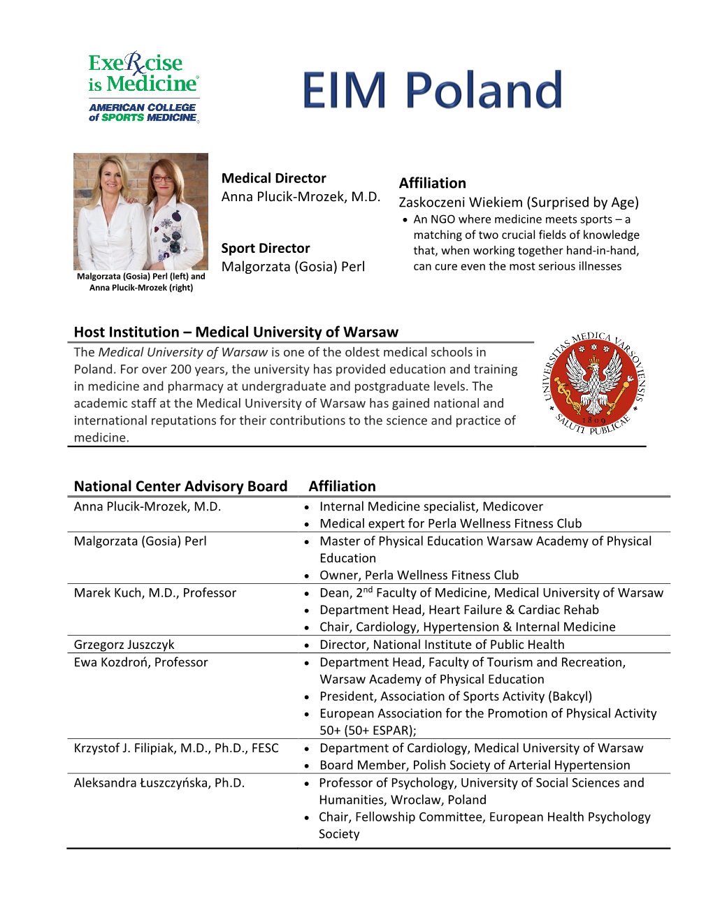 Affiliation Host Institution – Medical University of Warsaw National