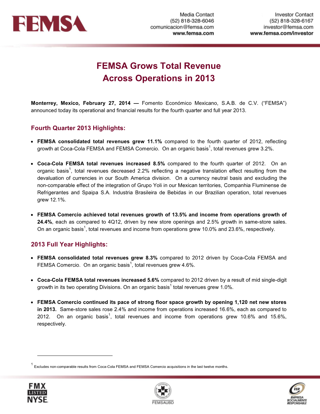 FEMSA Grows Total Revenue Across Operations in 2013