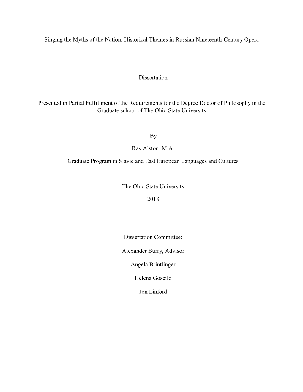 Singing the Myths of the Nation: Historical Themes in Russian Nineteenth-Century Opera