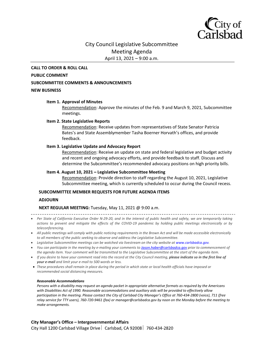 City Council Legislative Subcommittee Meeting Agenda April 13, 2021 – 9:00 A.M