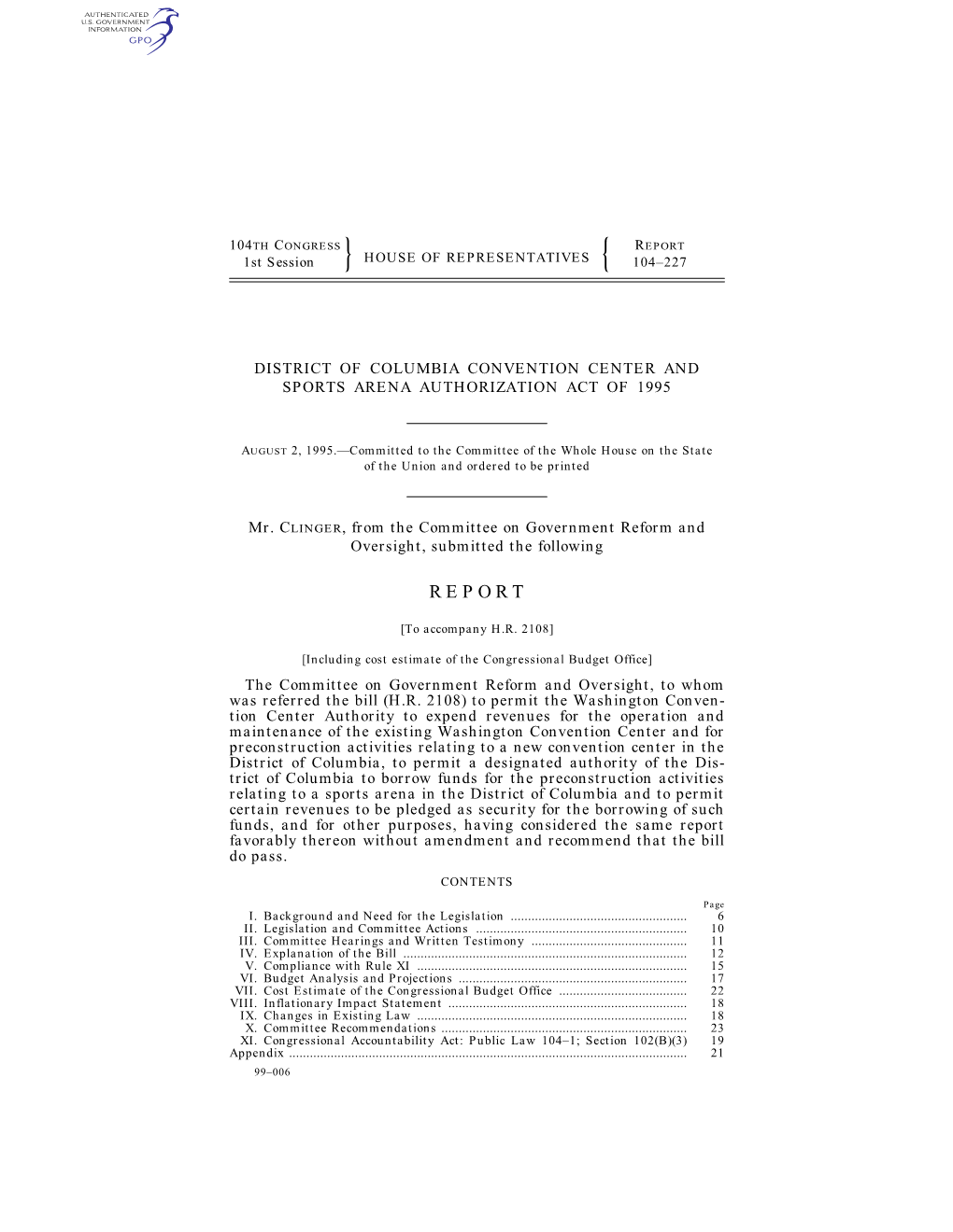 REPORT 1St Session HOUSE of REPRESENTATIVES 104–227 