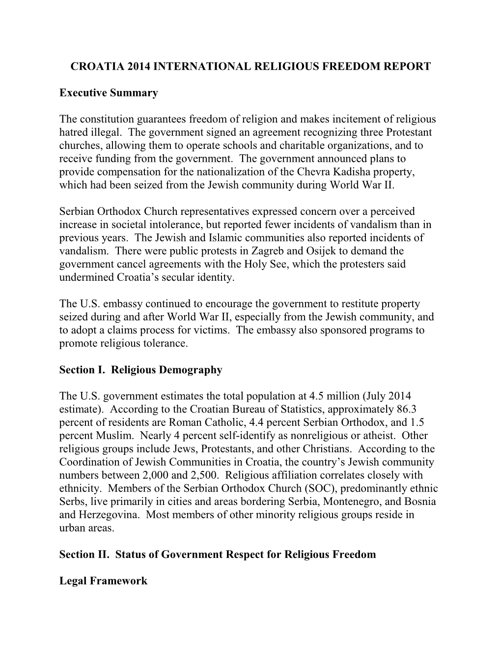 Croatia 2014 International Religious Freedom Report