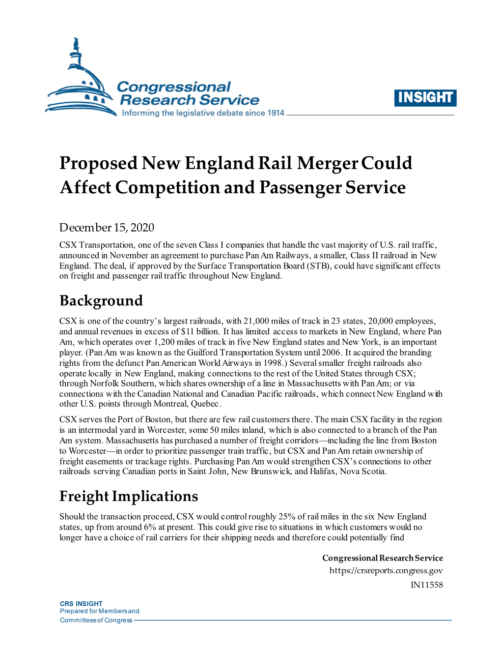 Proposed New England Rail Merger Could Affect Competition and Passenger Service