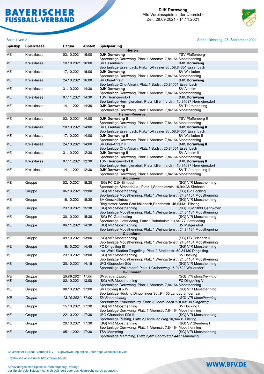 DJK Dornwang Alle Vereinsspiele in Der Übersicht Zeit: 29.09.2021 - 14.11.2021