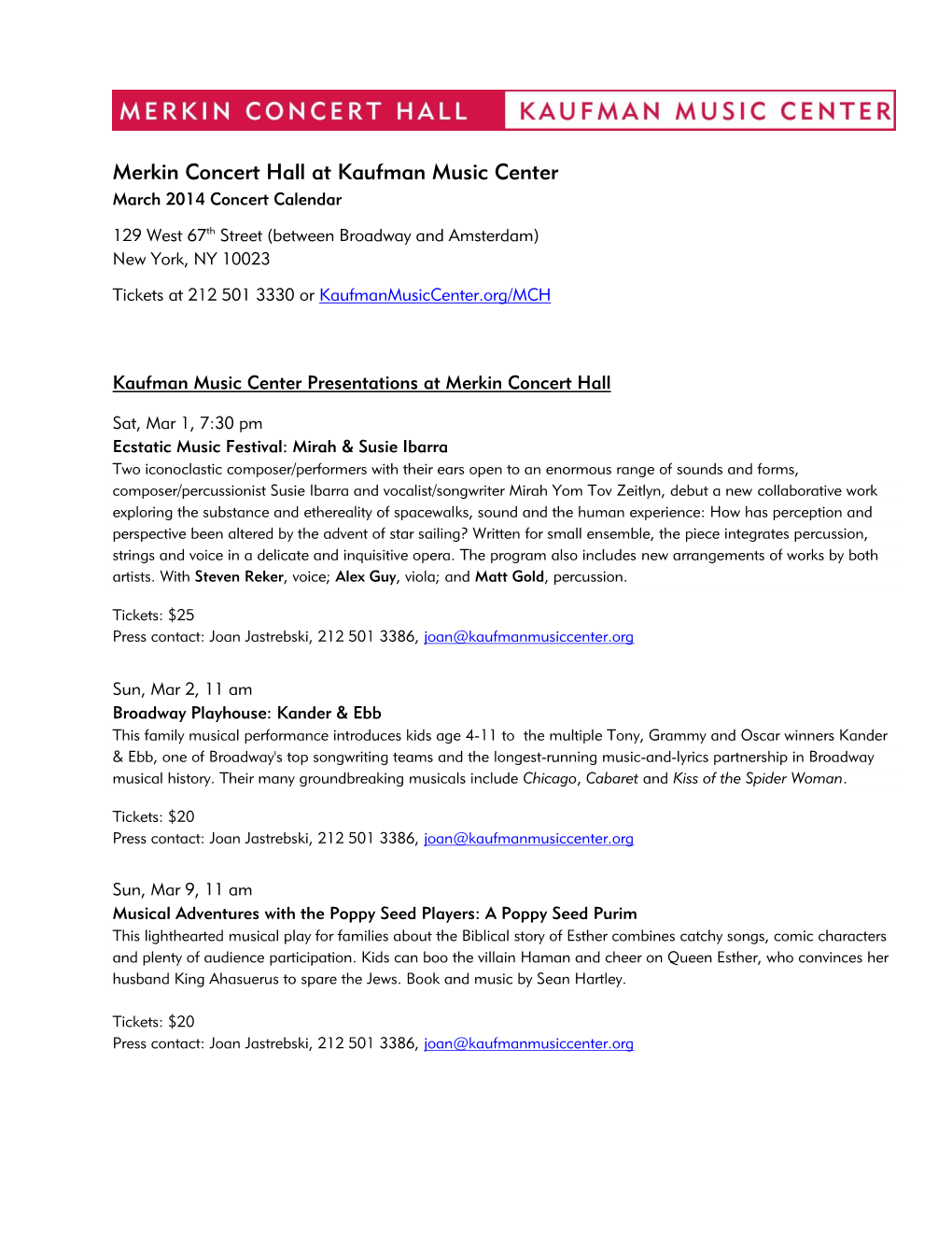 Merkin Concert Hall at Kaufman Music Center March 2014 Concert Calendar