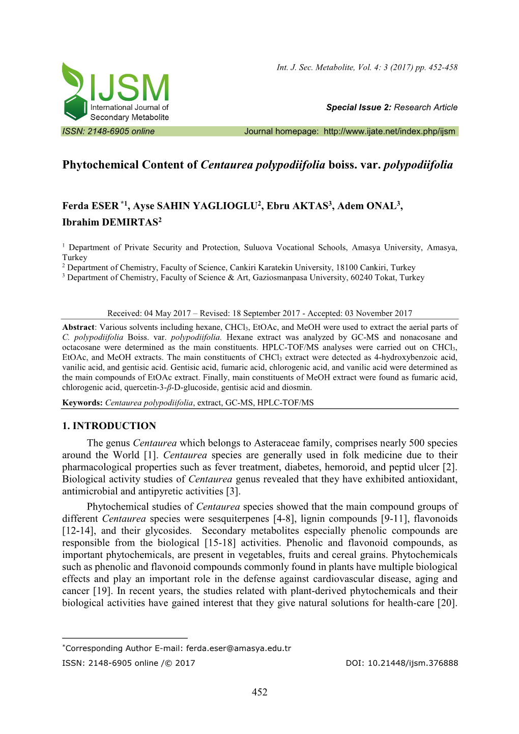 Phytochemical Content of Centaurea Polypodiifolia Boiss. Var. Polypodiifolia