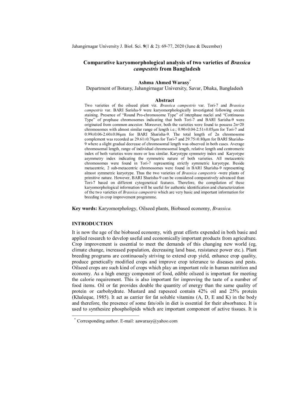 Comparative Karyomorphological Analysis of Two Varieties of Brassica Campestris from Bangladesh