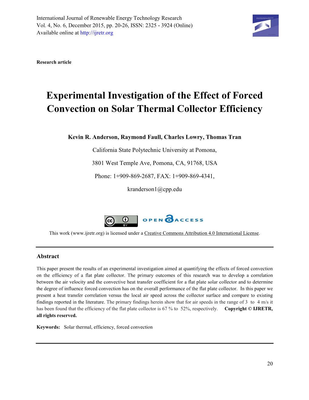 Experimental Investigation of the Effect of Forced Convection on Solar Thermal Collector Efficiency