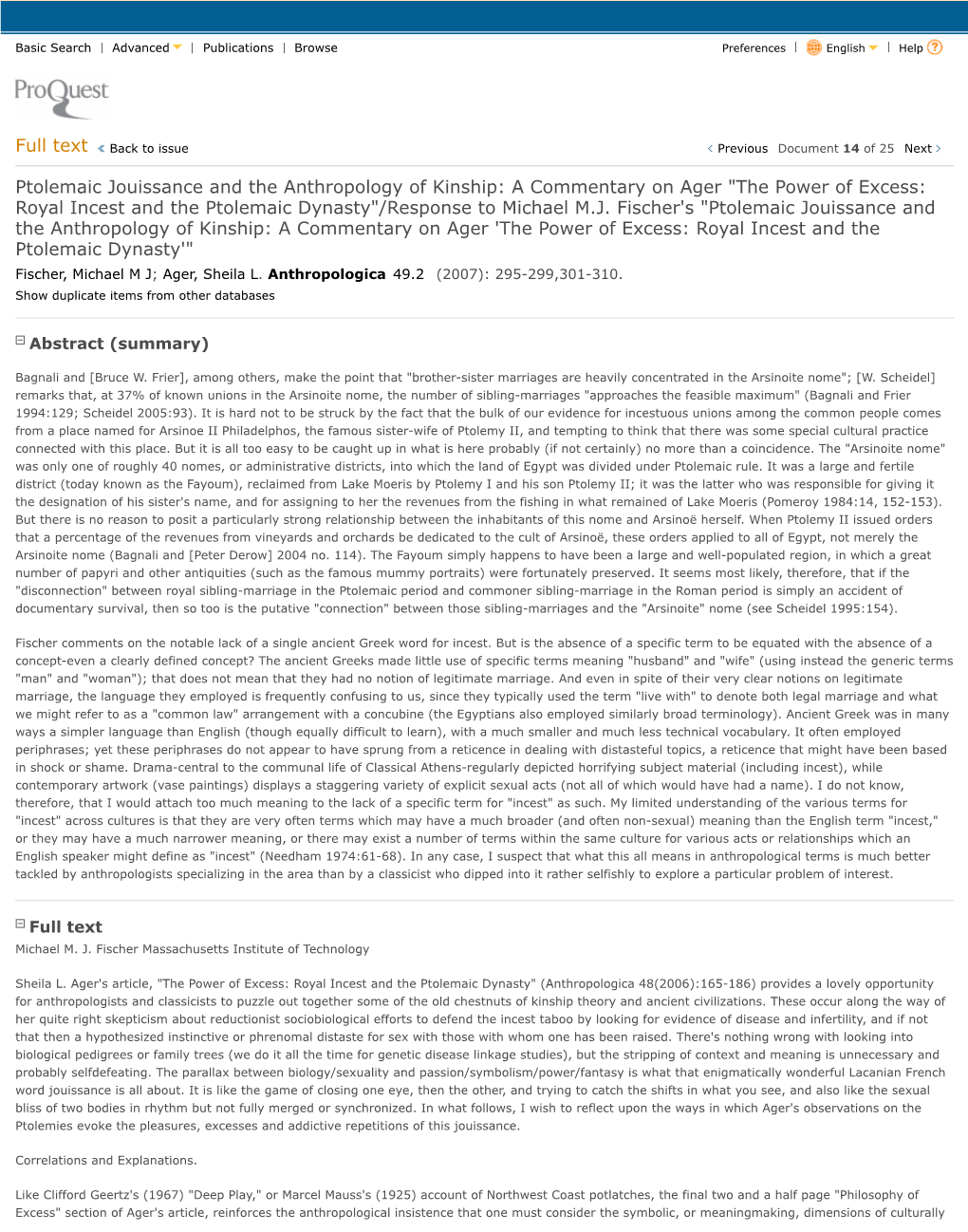 Ptolemaic Jouissance and the Anthropology of Kinship: a Commentary on Ager "The Power of Excess: Royal Incest and the Ptolemaic Dynasty"/Response to Michael M.J