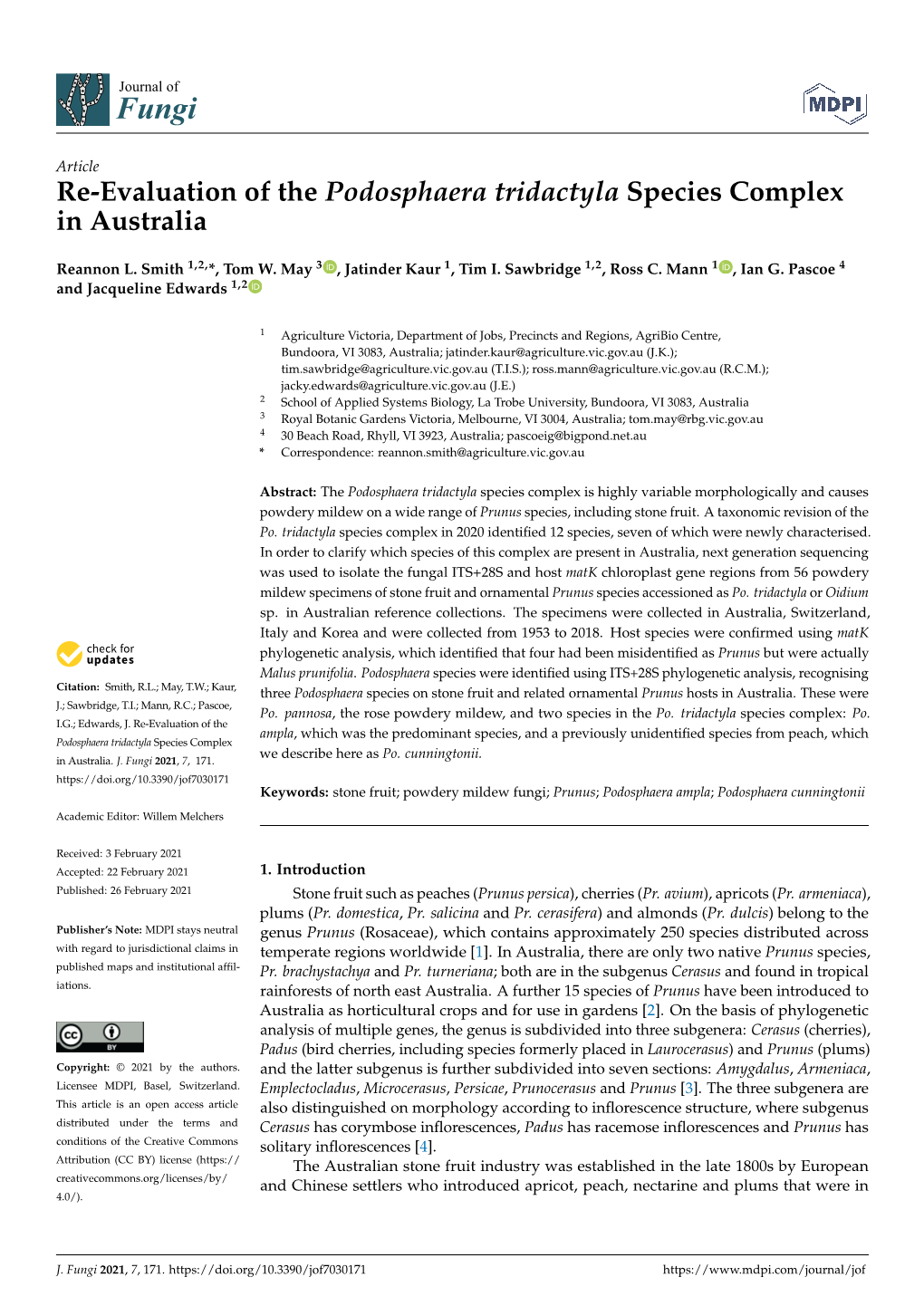 Re-Evaluation of the Podosphaera Tridactyla Species Complex in Australia
