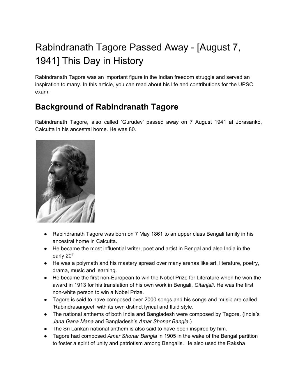 Rabindranath Tagore Passed Away - [August 7, 1941] This Day in History