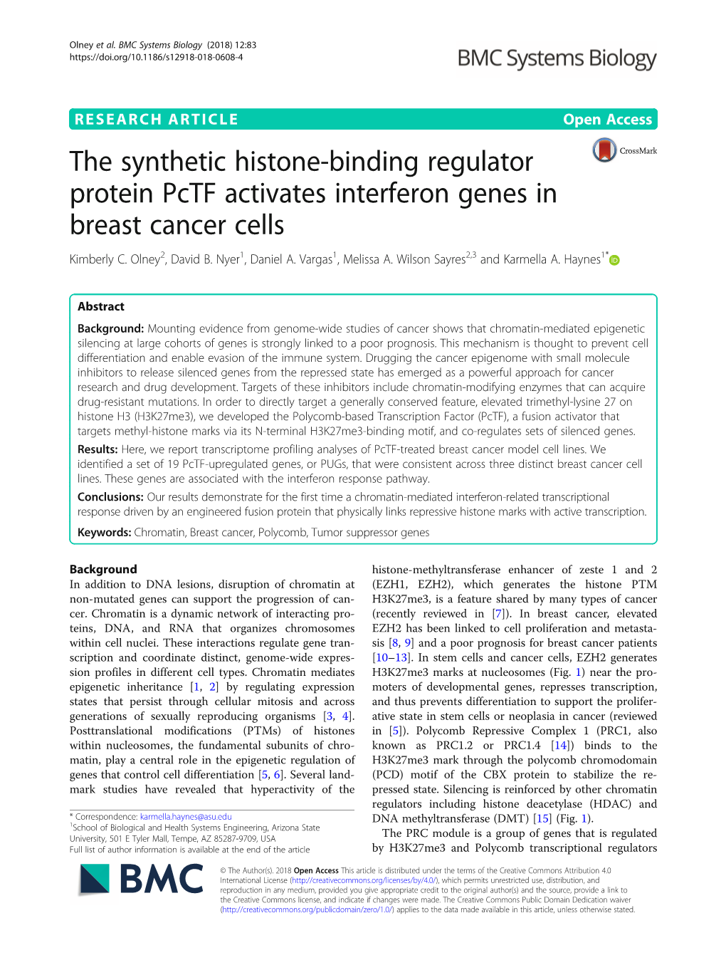 The Synthetic Histone-Binding Regulator Protein Pctf Activates Interferon Genes in Breast Cancer Cells Kimberly C