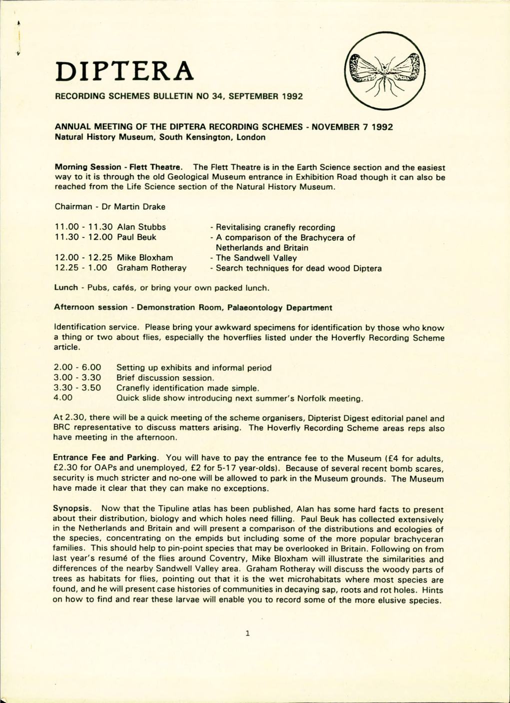 Diptera Recording Schemes Bulletin No 34, September 1992