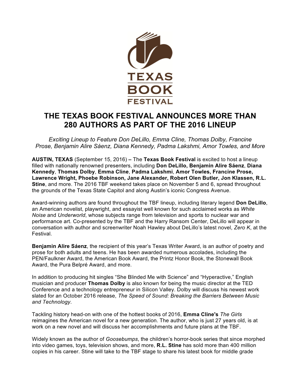 The Texas Book Festival Announces More Than 280 Authors As Part of the 2016 Lineup