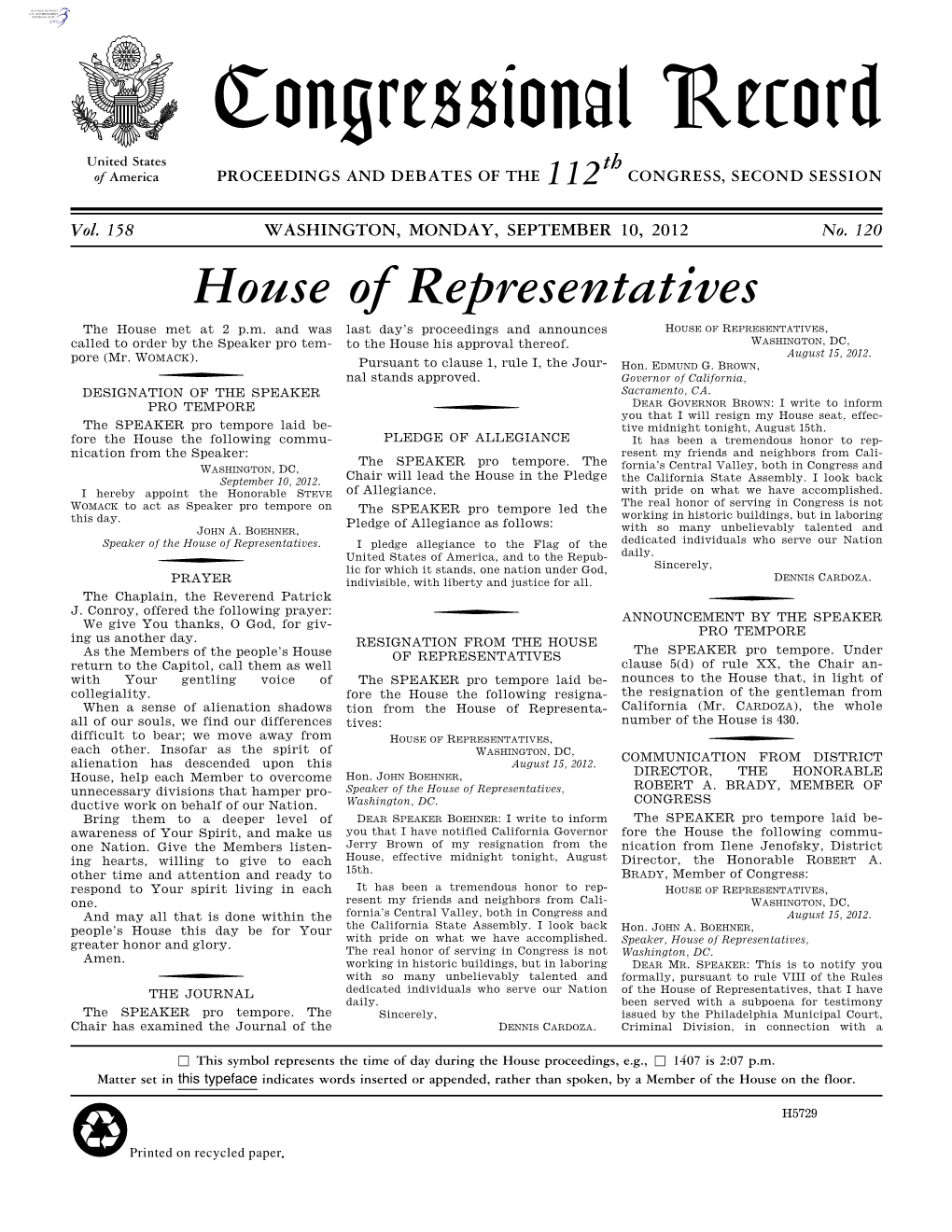 Congressional Record United States Th of America PROCEEDINGS and DEBATES of the 112 CONGRESS, SECOND SESSION