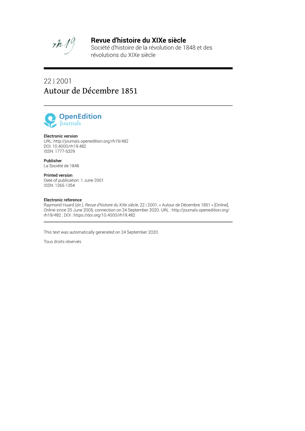 Revue D'histoire Du Xixe Siècle, 22 | 2001, « Autour De Décembre 1851 » [Online], Online Since 20 June 2005, Connection on 24 September 2020