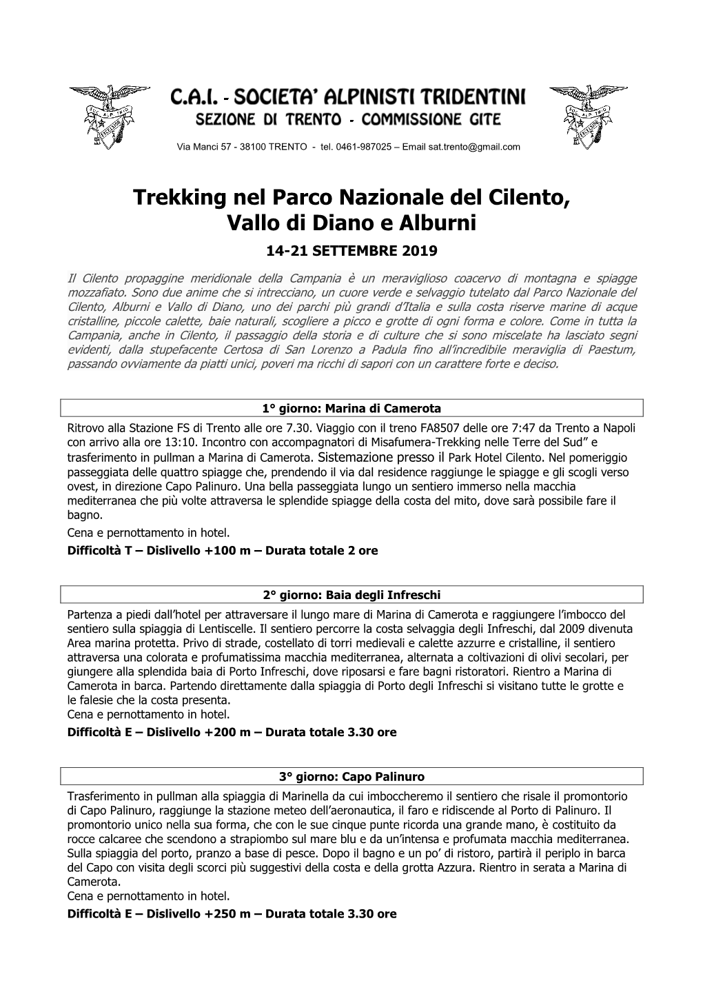 Trekking Nel Parco Nazionale Del Cilento, Vallo Di Diano E Alburni 14-21 SETTEMBRE 2019