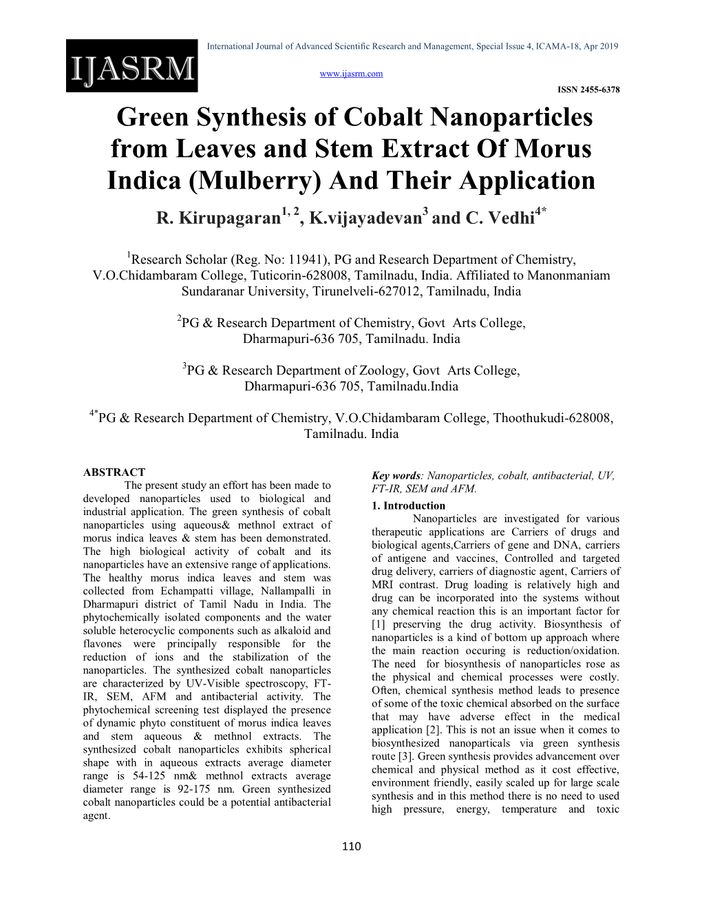 Green Synthesis of Cobalt Nanoparticles from Leaves and Stem Extract of Morus Indica (Mulberry) and Their Application R