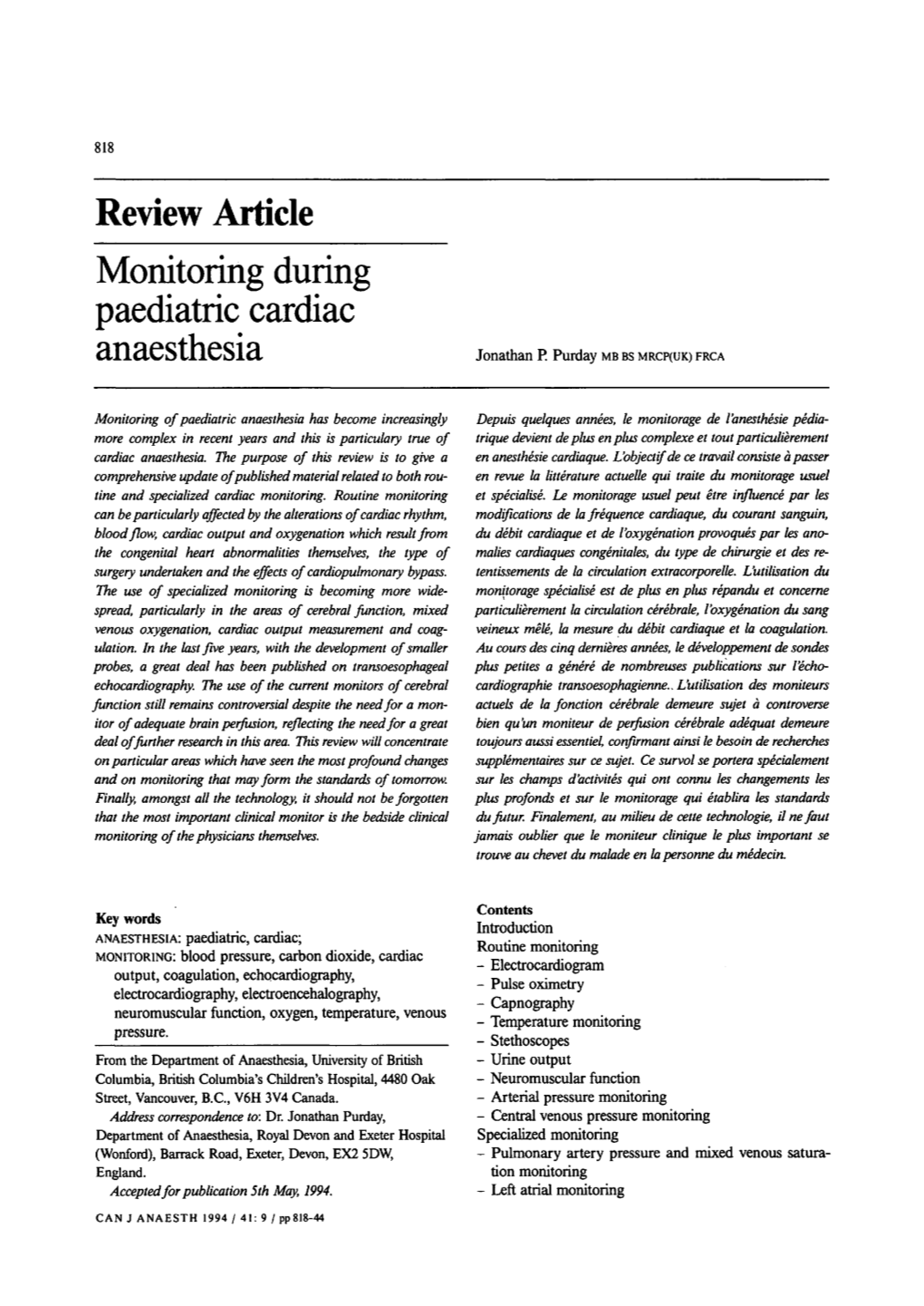 Monitoring During Paediatric Cardiac Anaesthesia Jonathan P