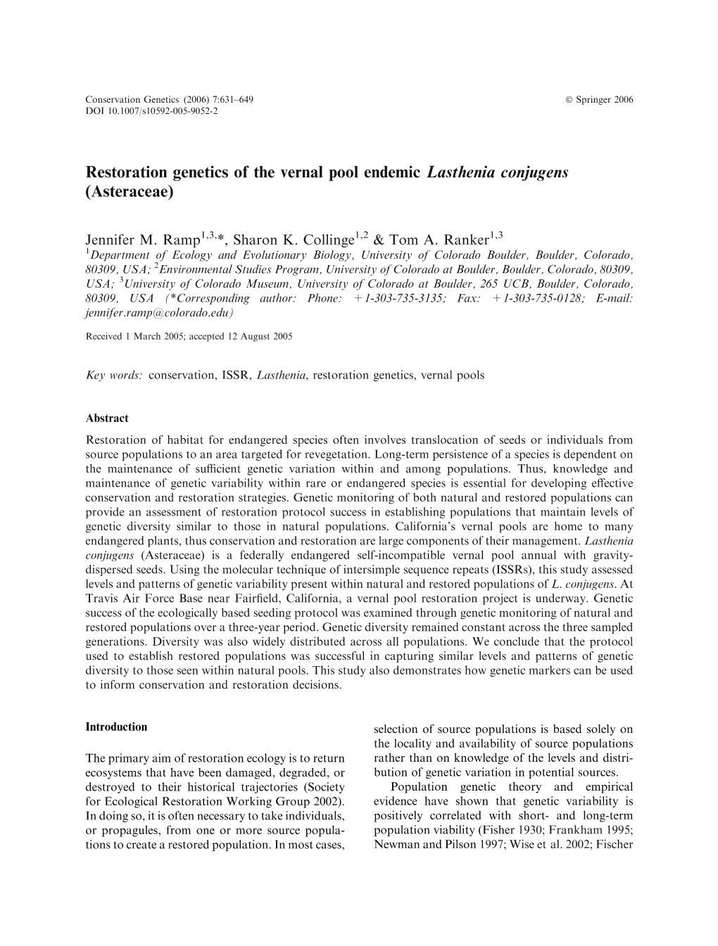 Restoration Genetics of the Vernal Pool Endemic Lasthenia Conjugens (Asteraceae)