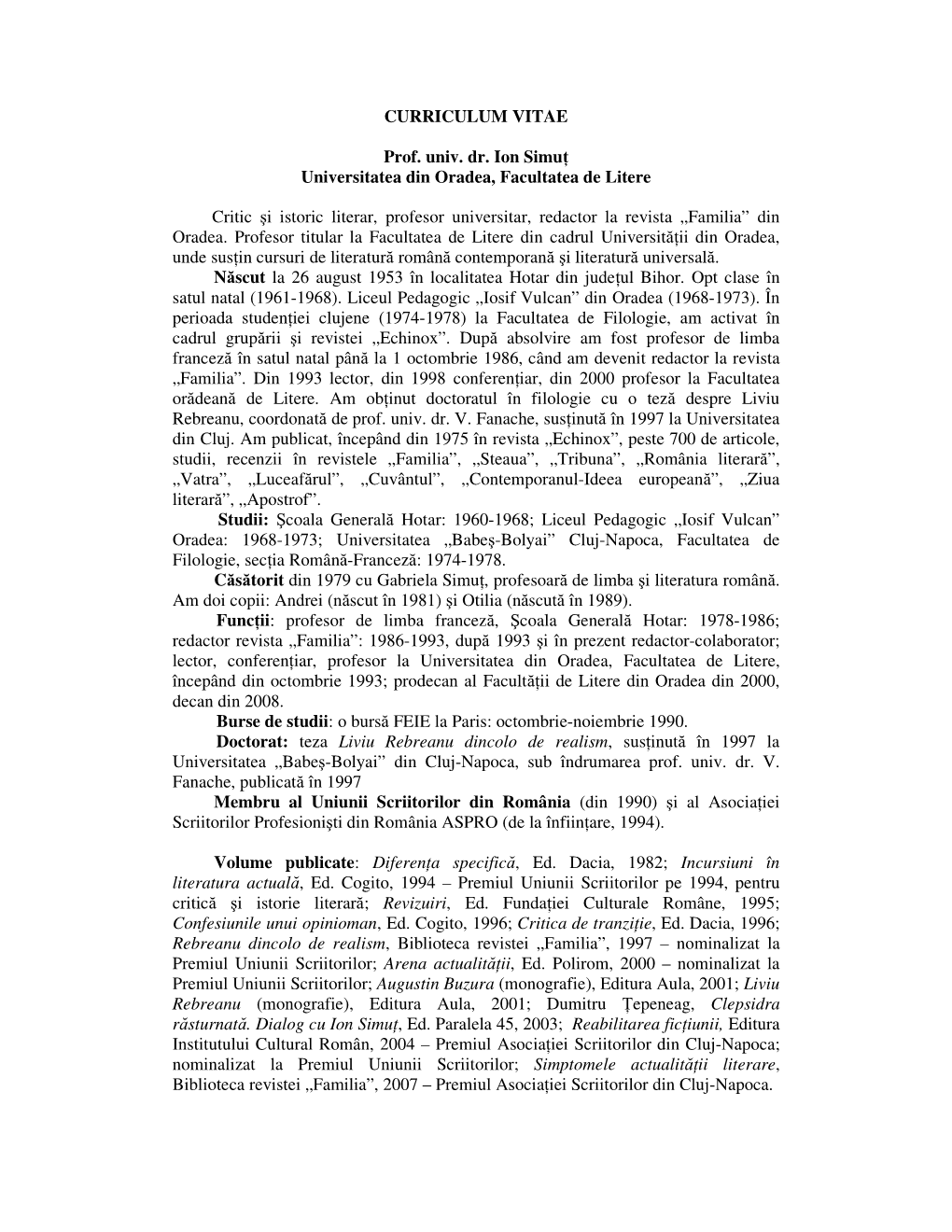 CURRICULUM VITAE Prof. Univ. Dr. Ion Simuţ Universitatea Din Oradea