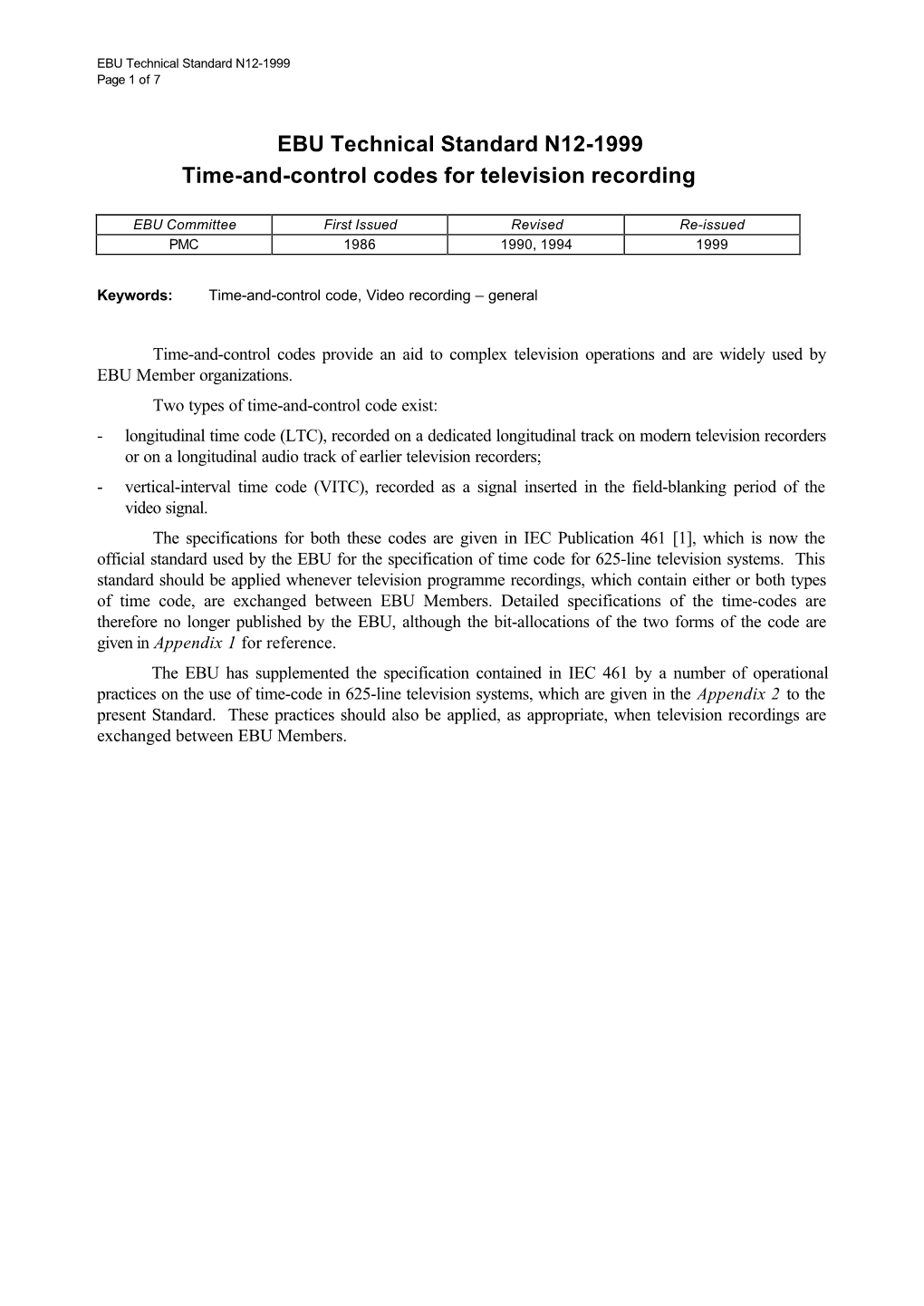 N12-1999 Time-And-Control Codes for Television Recording