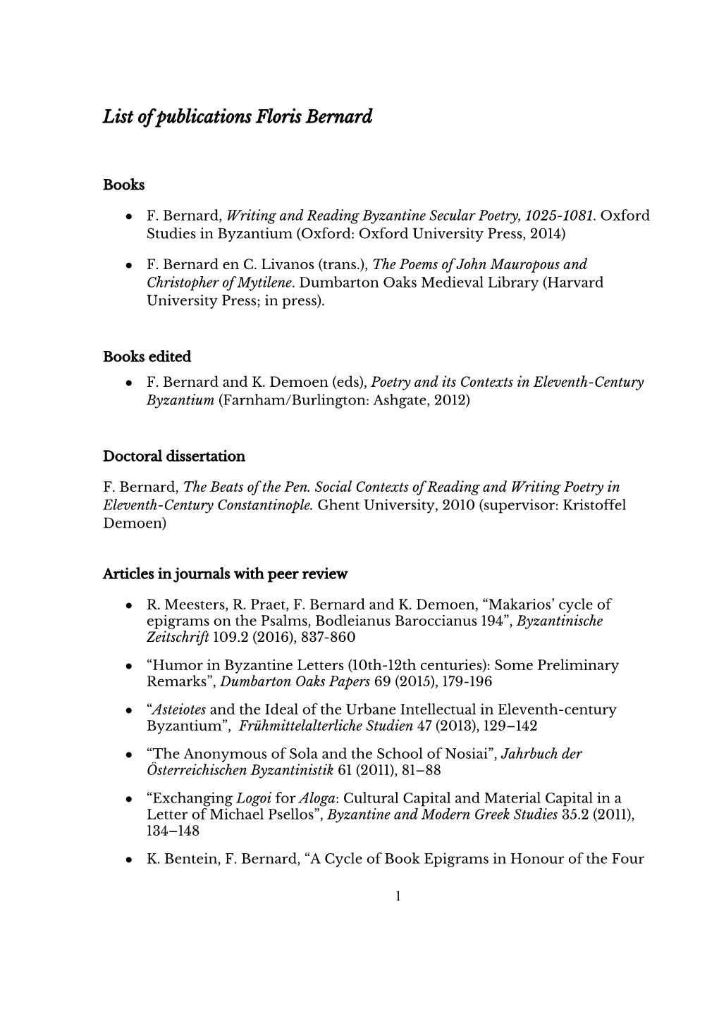 List of Publications Floris Bernard