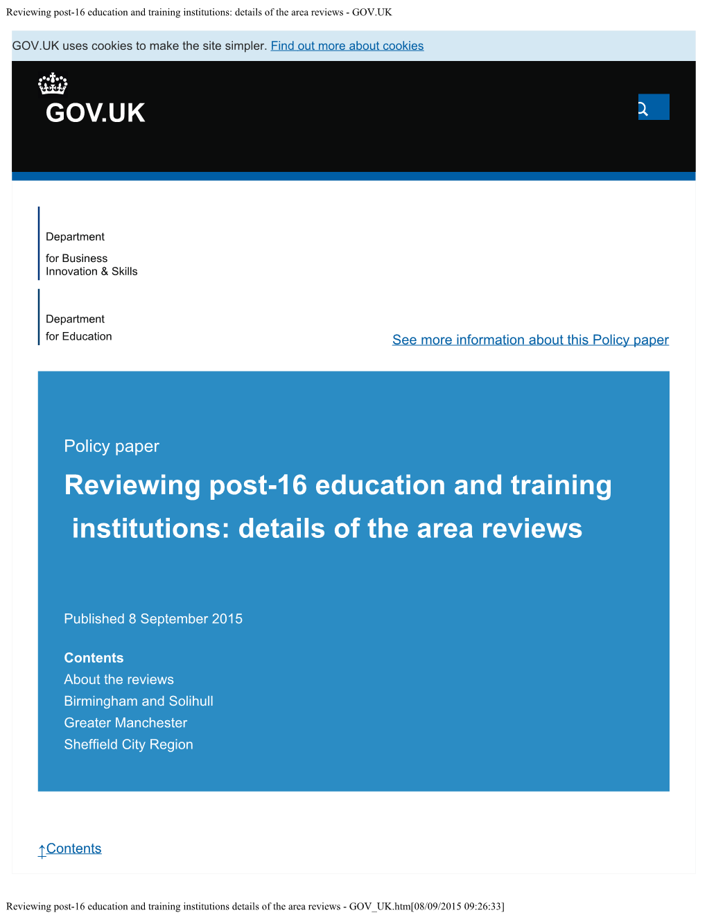 Reviewing Post-16 Education and Training Institutions: Details of the Area Reviews - GOV.UK