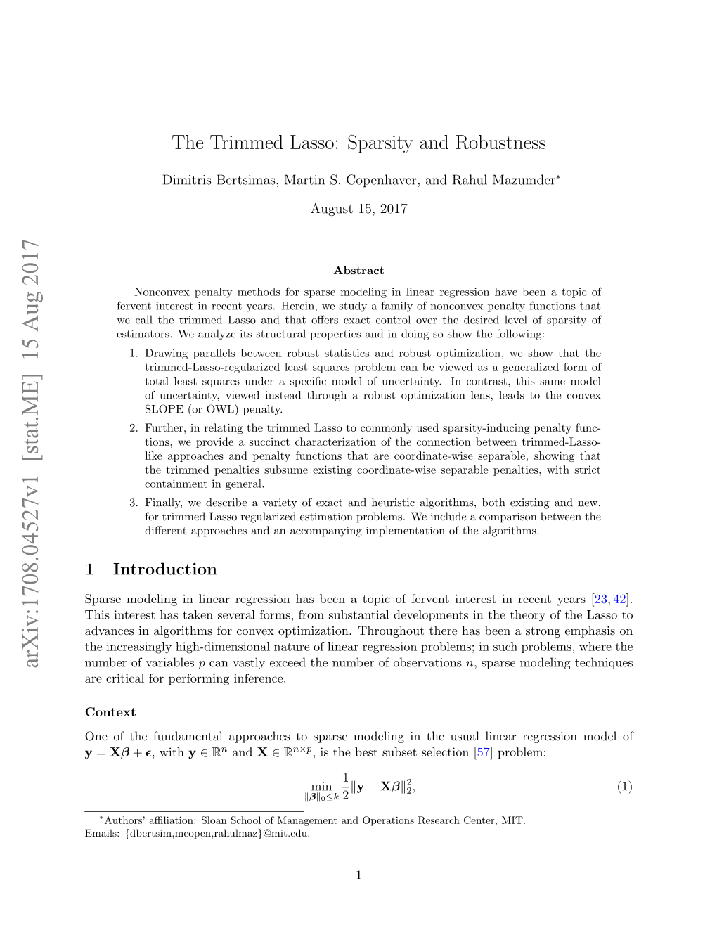 The Trimmed Lasso: Sparsity and Robustness