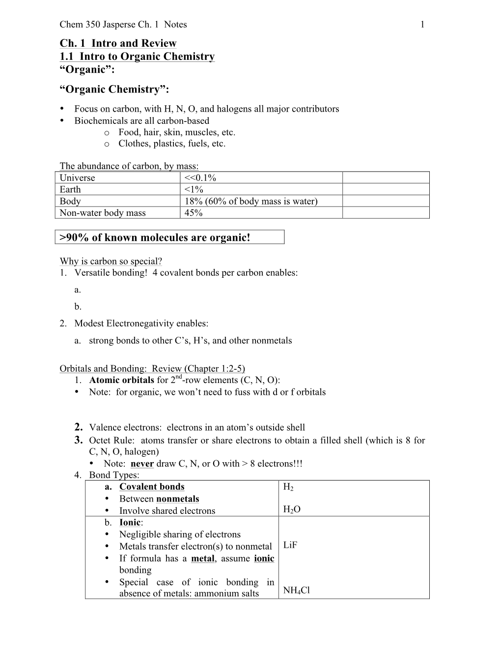 Ch. 1 Intro and Review 1.1 Intro to Organic Chemistry