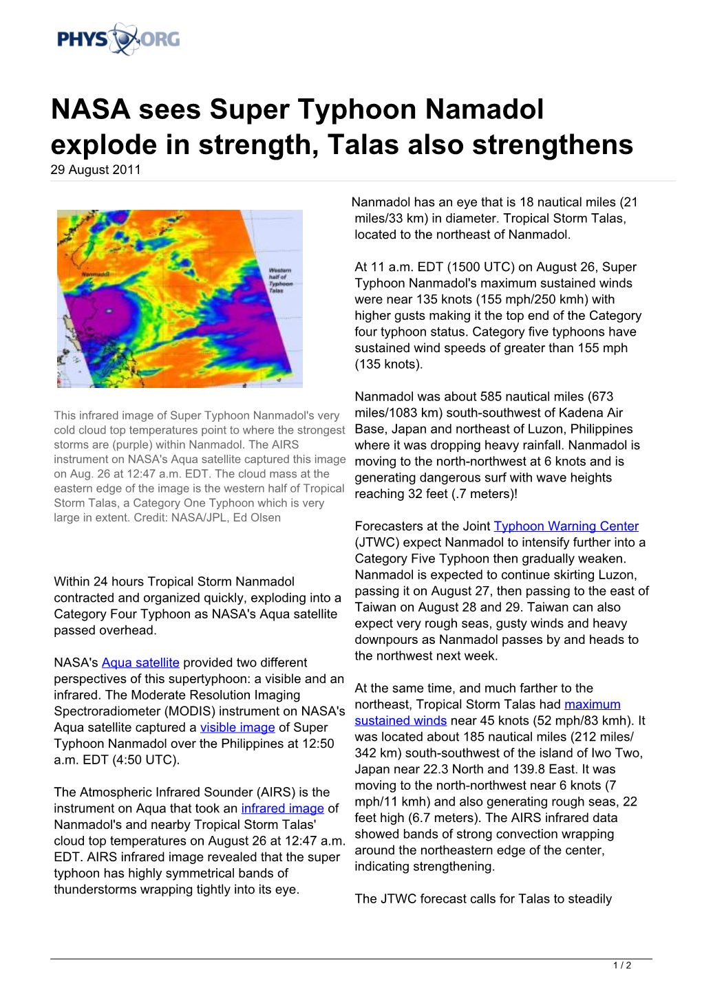 NASA Sees Super Typhoon Namadol Explode in Strength, Talas Also Strengthens 29 August 2011