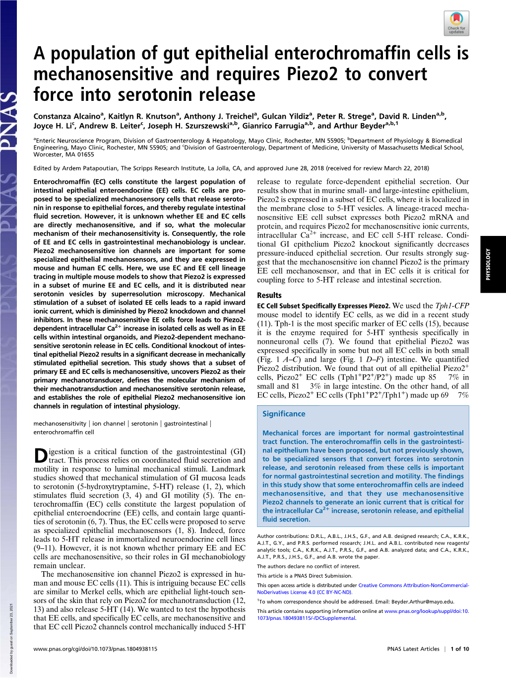 A Population of Gut Epithelial Enterochromaffin Cells Is Mechanosensitive and Requires Piezo2 to Convert Force Into Serotonin Release