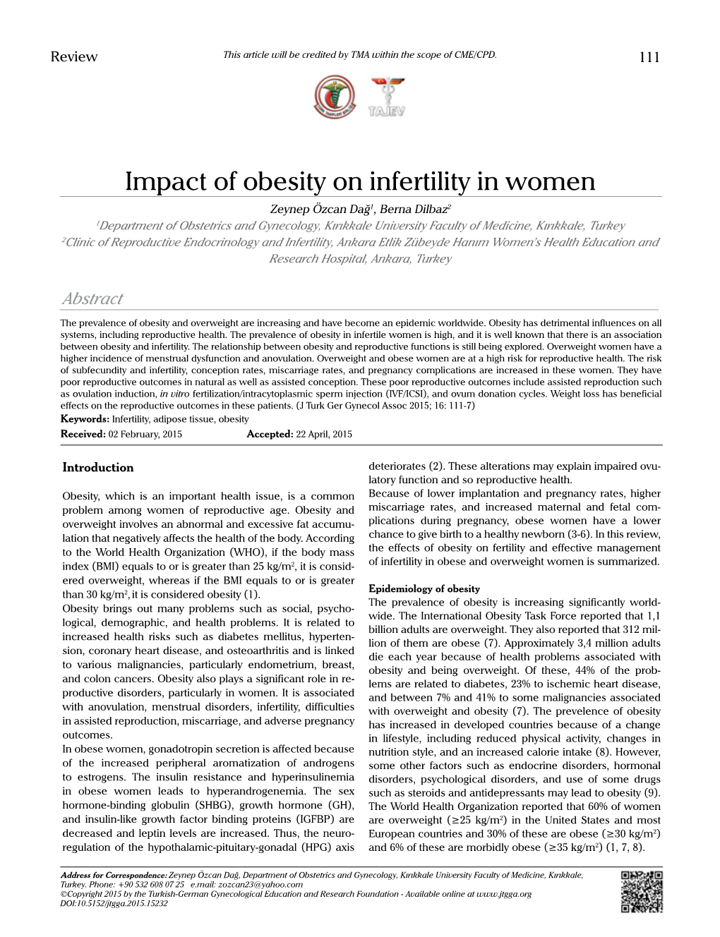 Impact of Obesity on Infertility in Women