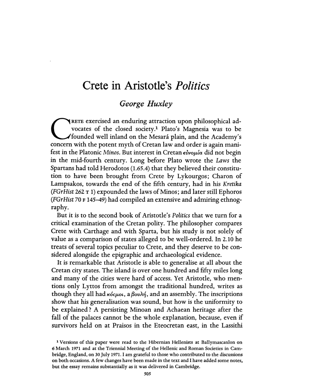 Crete in Aristotle's Politics George Huxley