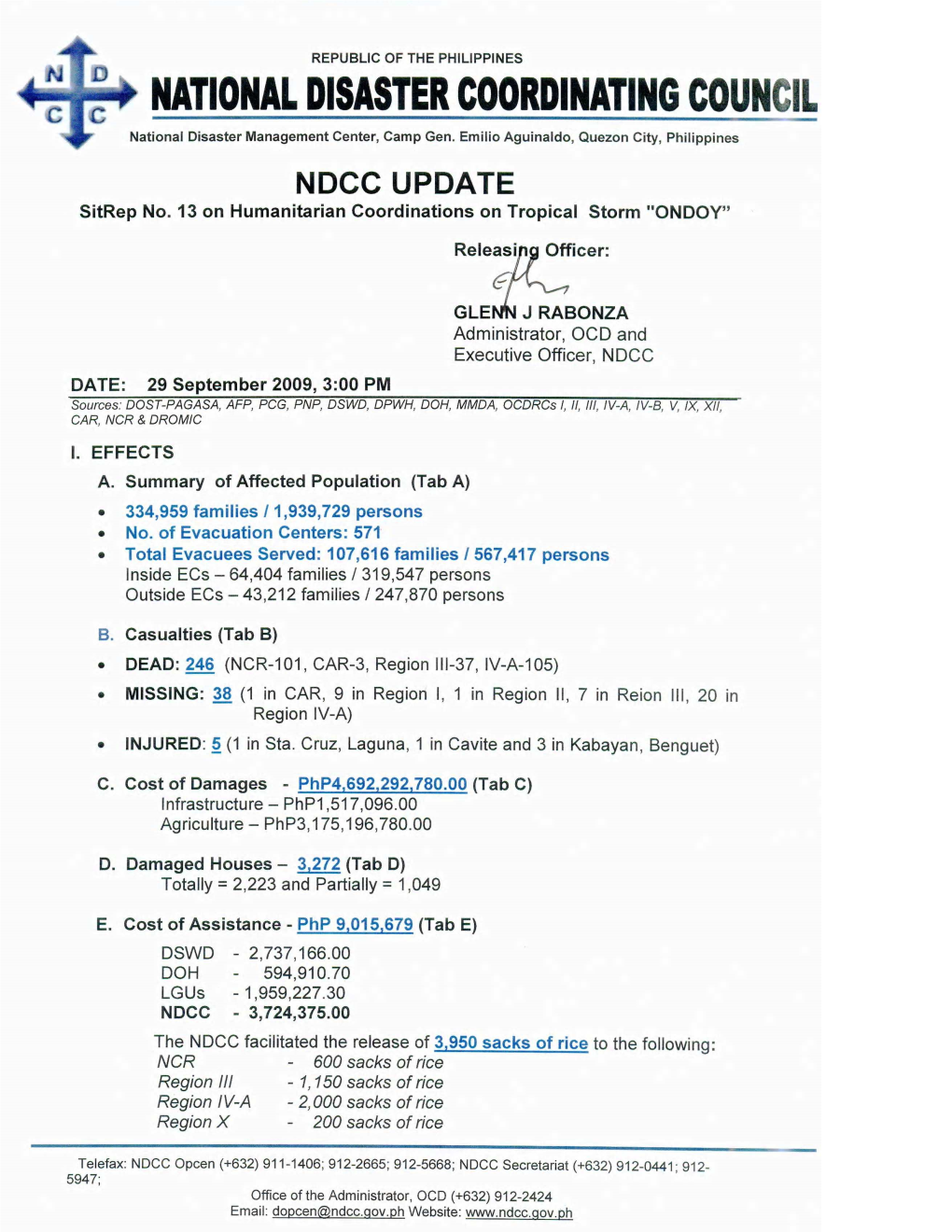 NDCC UPDATE No.13 As of 29 Sept 2009
