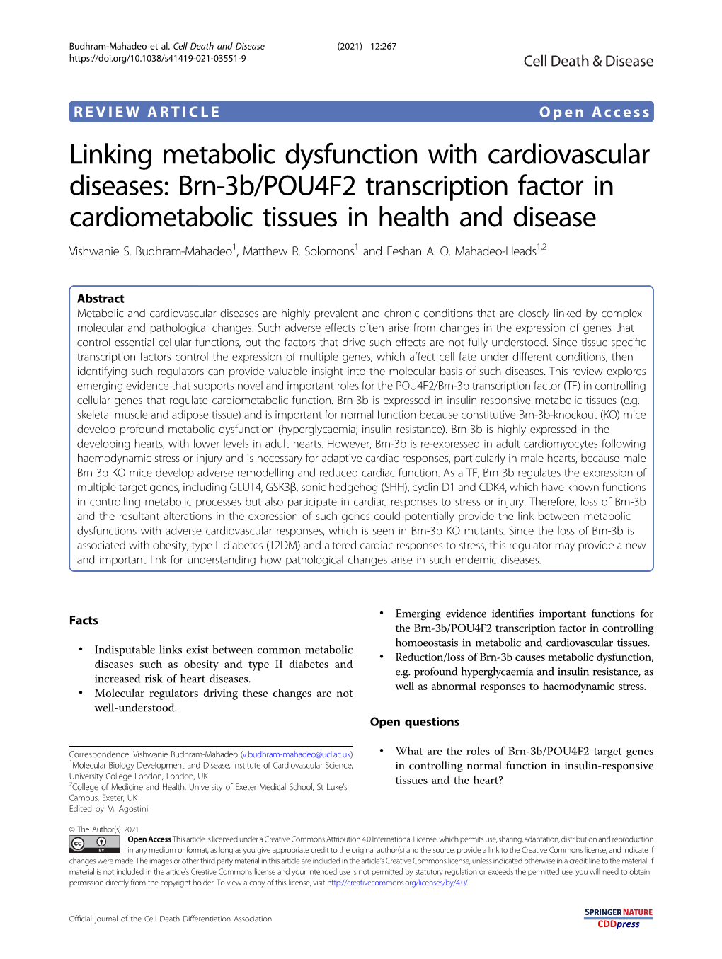 Linking Metabolic Dysfunction with Cardiovascular Diseases: Brn-3B/POU4F2 Transcription Factor in Cardiometabolic Tissues in Health and Disease Vishwanie S