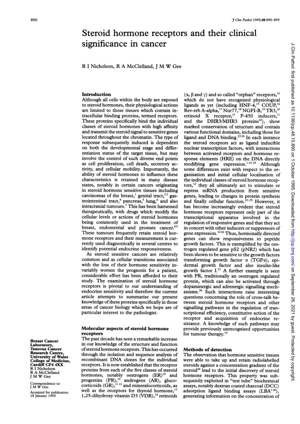 Steroid Hormone Receptors and Their Clinical Significance in Cancer J Clin Pathol: First Published As 10.1136/Jcp.48.10.890 on 1 October 1995