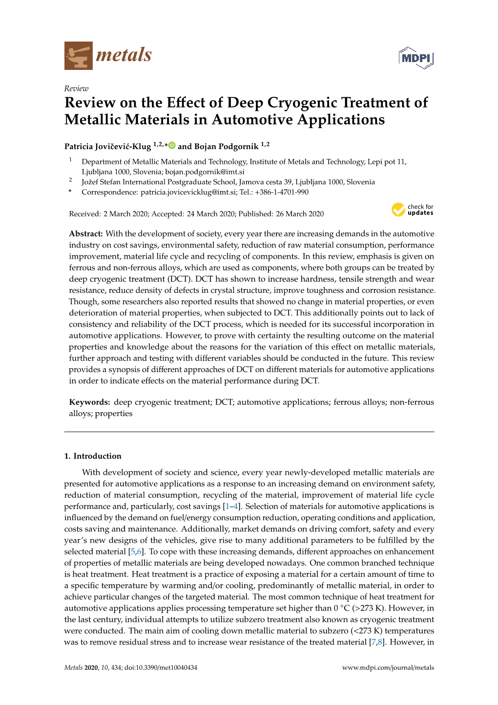 Review on the Effect of Deep Cryogenic Treatment of Metallic