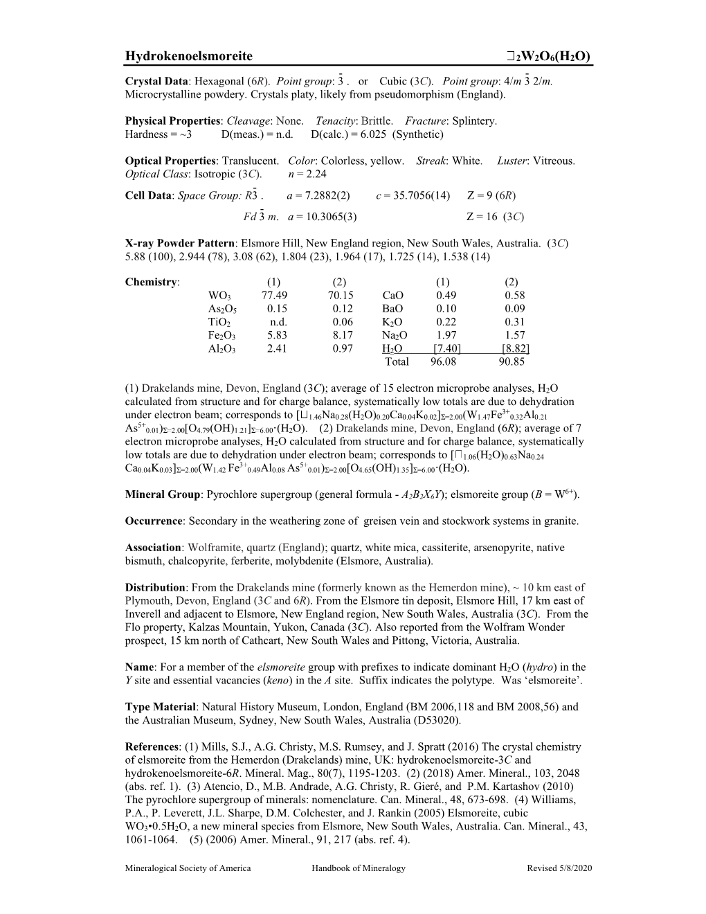 Hydrokenoelsmoreite 2W2O6(H2O) - - Crystal Data: Hexagonal (6R)