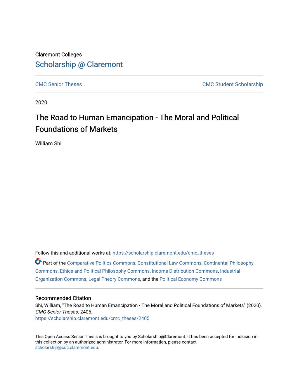 The Road to Human Emancipation - the Moral and Political Foundations of Markets