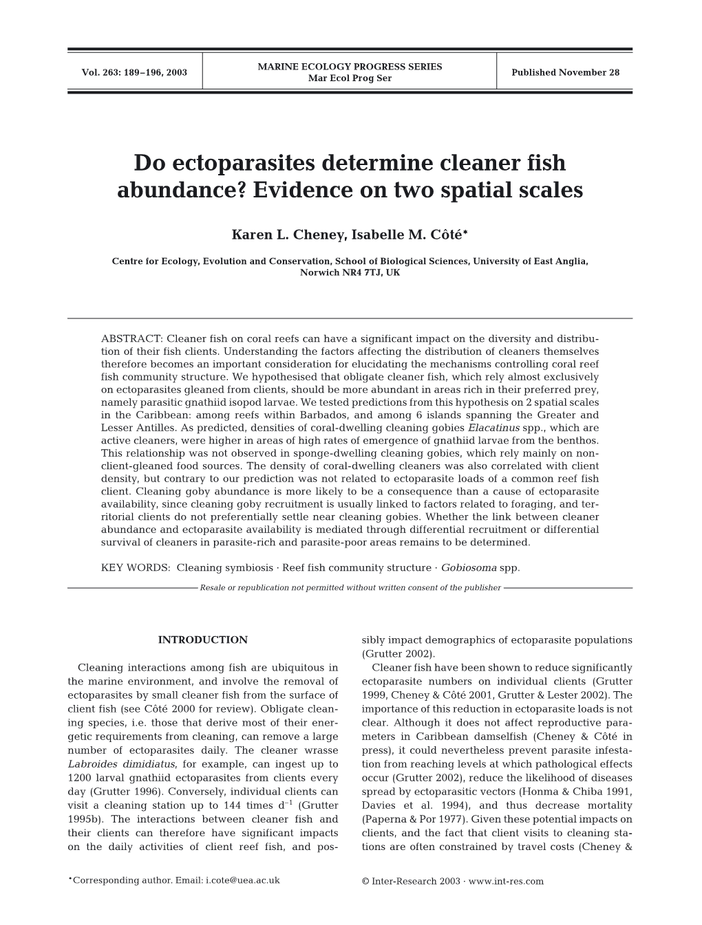 Do Ectoparasites Determine Cleaner Fish Abundance? Evidence on Two Spatial Scales