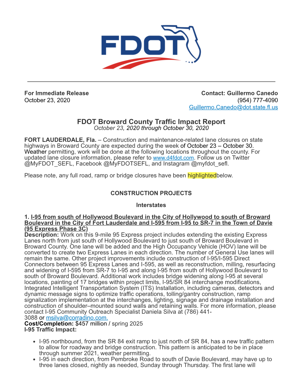 FDOT Broward County Traffic Impact Report October 23, 2020 Through October 30, 2020