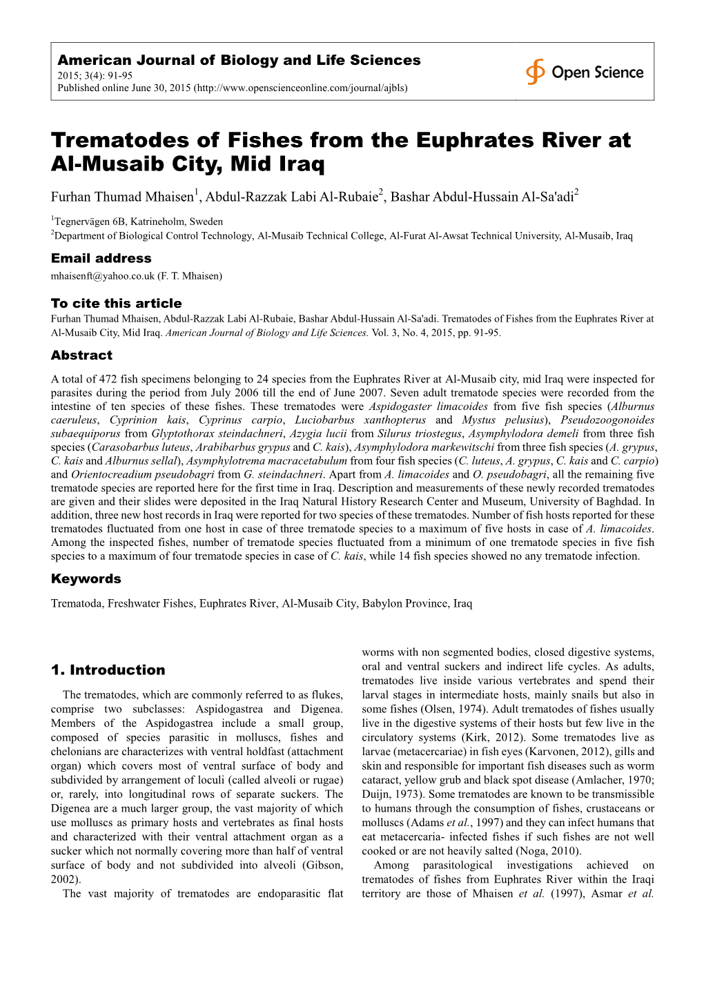 Trematodes of Fishes from the Euphrates River at Al-Musaib City, Mid Iraq