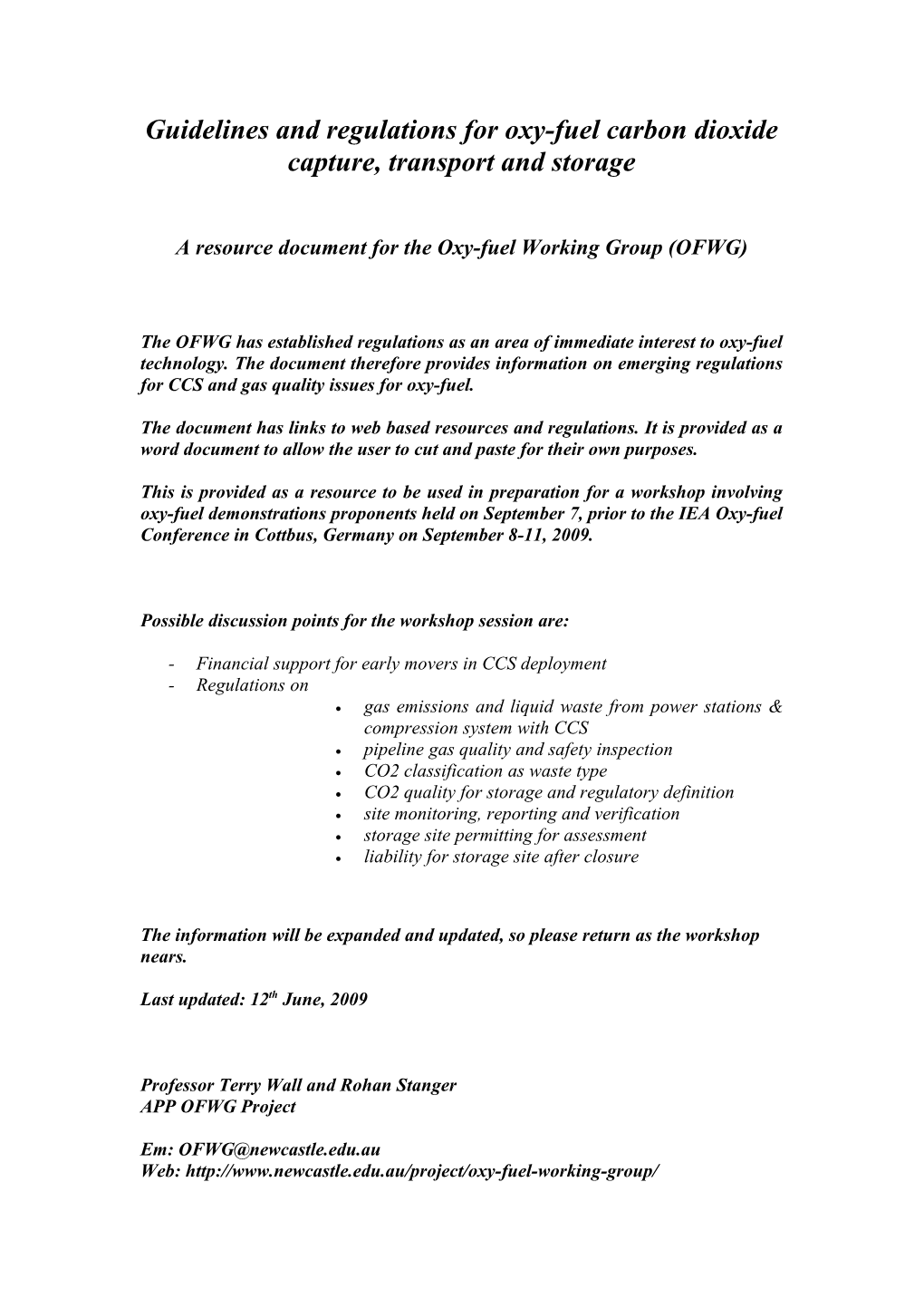 Guidelines and Regulations for Oxy-Fuel Carbon Dioxide Capture, Transport and Storage