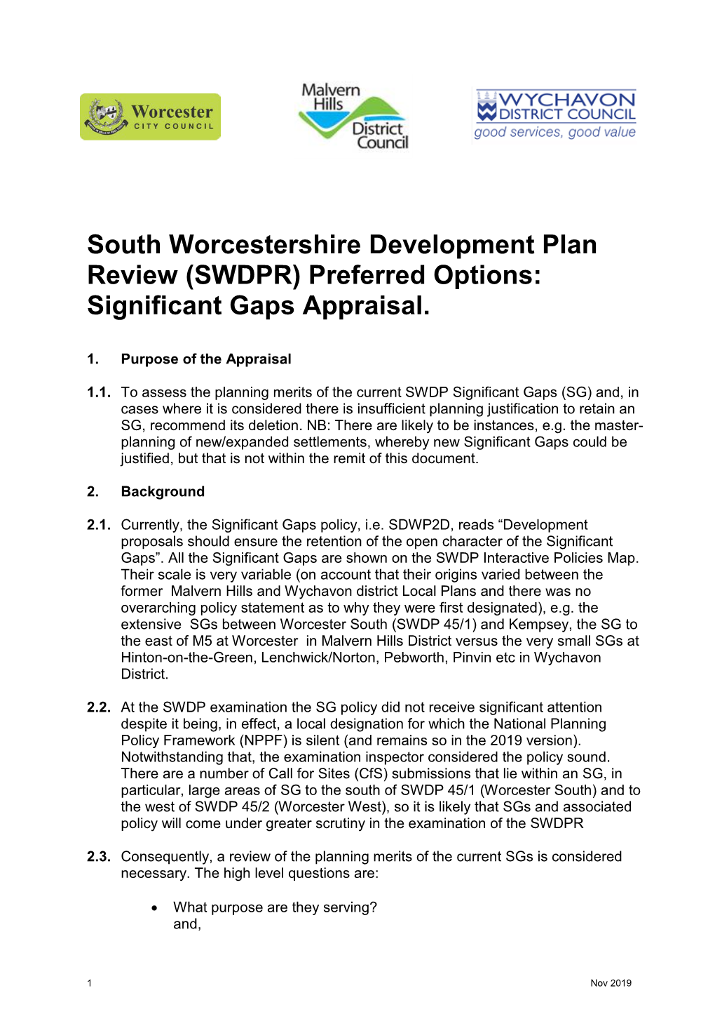 South Worcestershire Development Plan Review (SWDPR) Preferred Options: Significant Gaps Appraisal