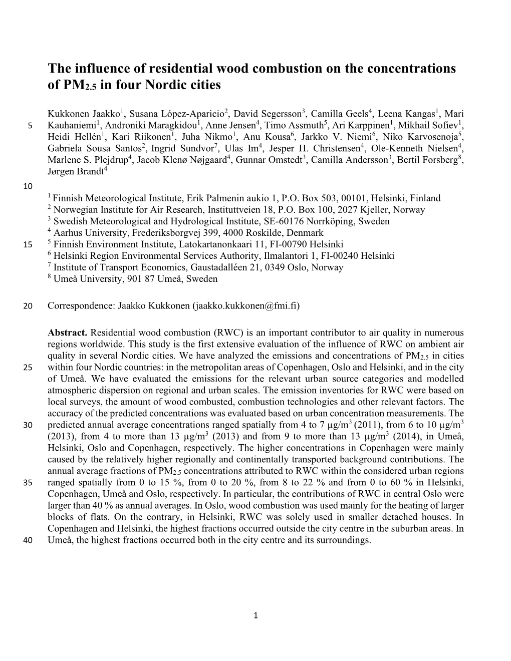 The Influence of Residential Wood Combustion on the Concentrations of PM2.5 in Four Nordic Cities