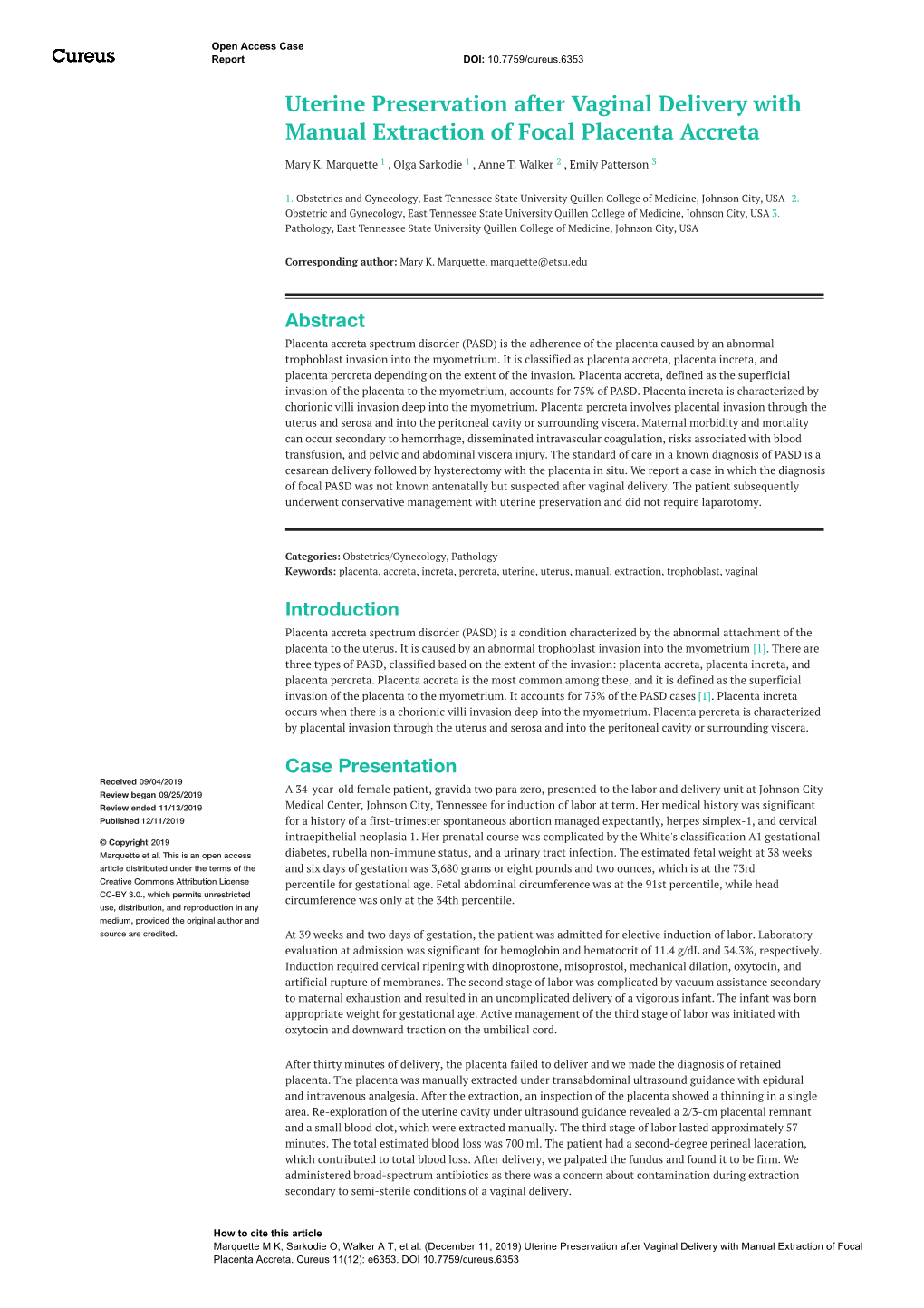 Uterine Preservation After Vaginal Delivery with Manual Extraction of Focal Placenta Accreta