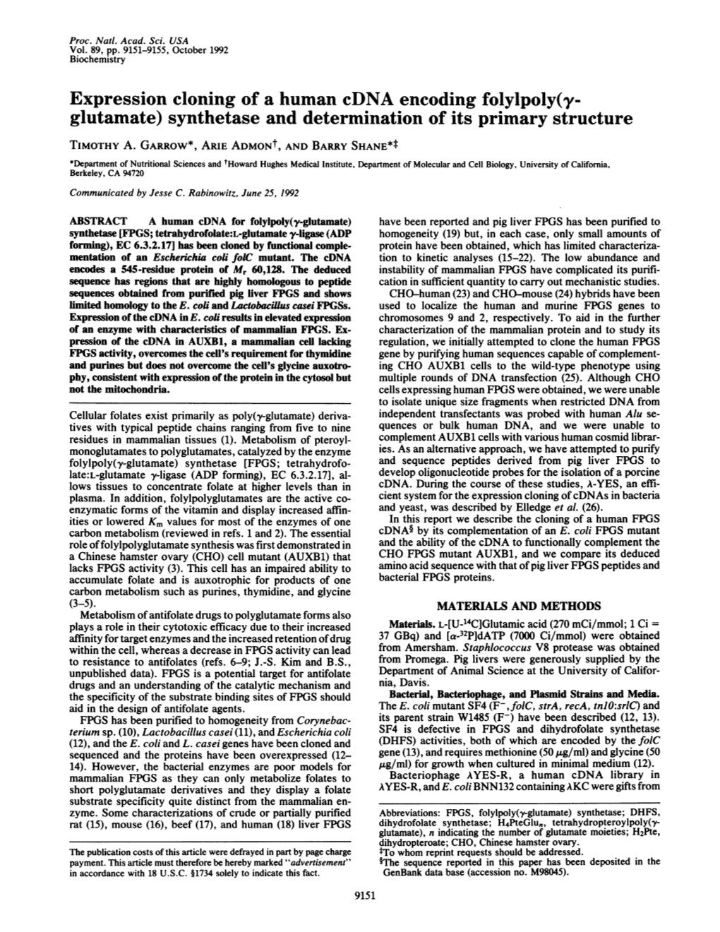 Expression Cloning of a Human Cdna Encoding Folylpoly (Gamma