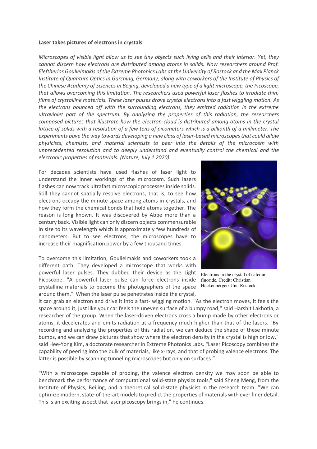 Laser Takes Pictures of Electrons in Crystals Microscopes of Visible Light